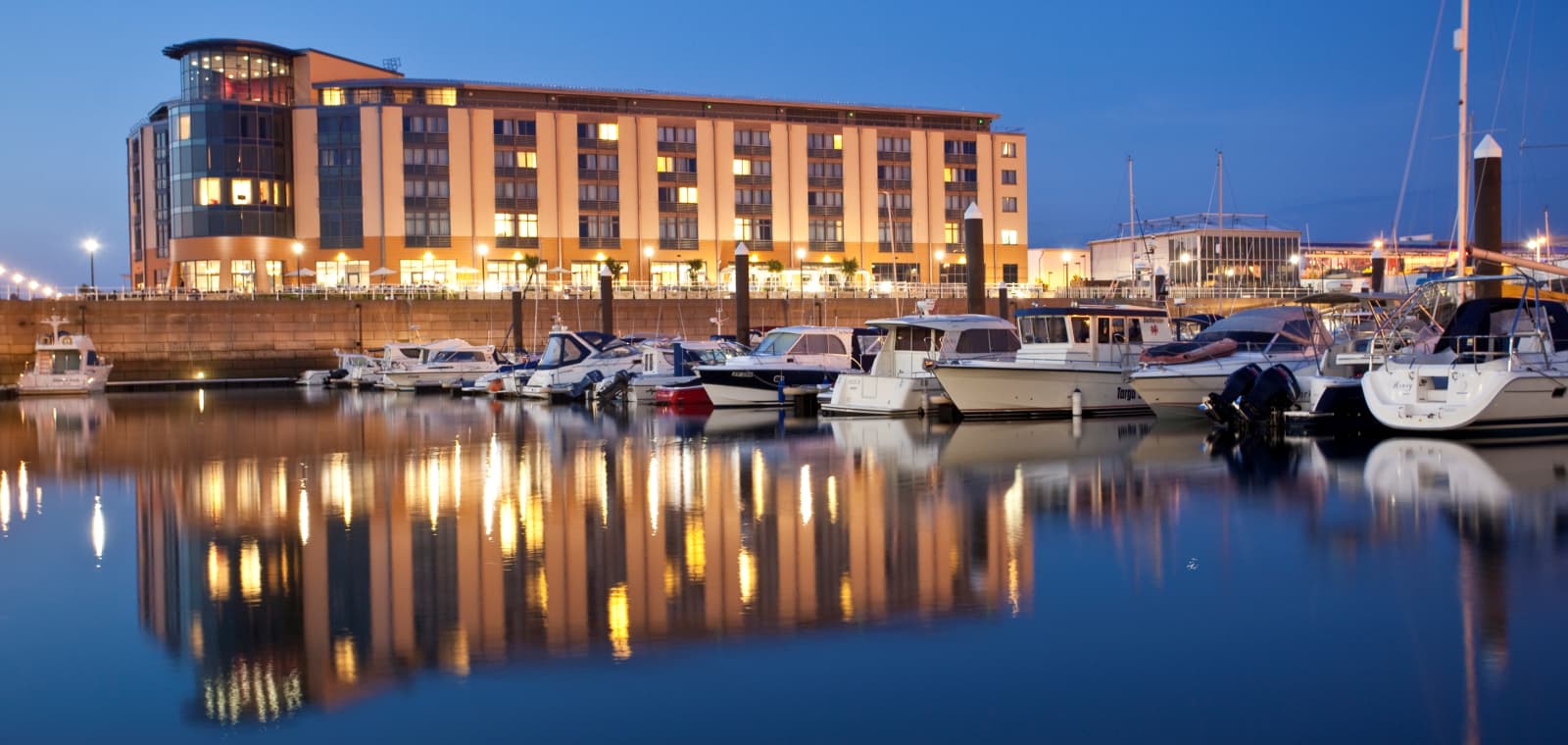 Hotel exterior with marina