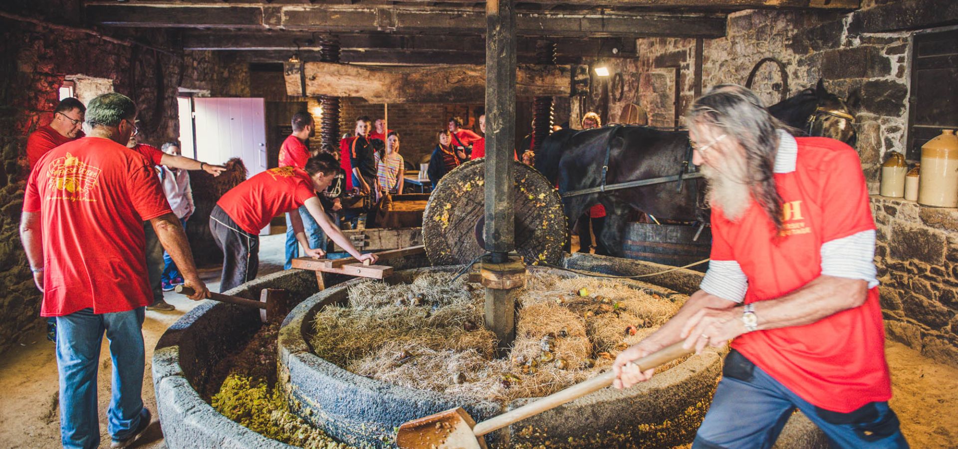 People making apple pulp in a cider barn