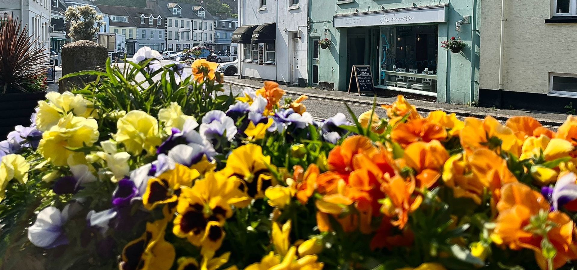 Colourful flowers in front of the green building that is the Seahorse coffee shop.