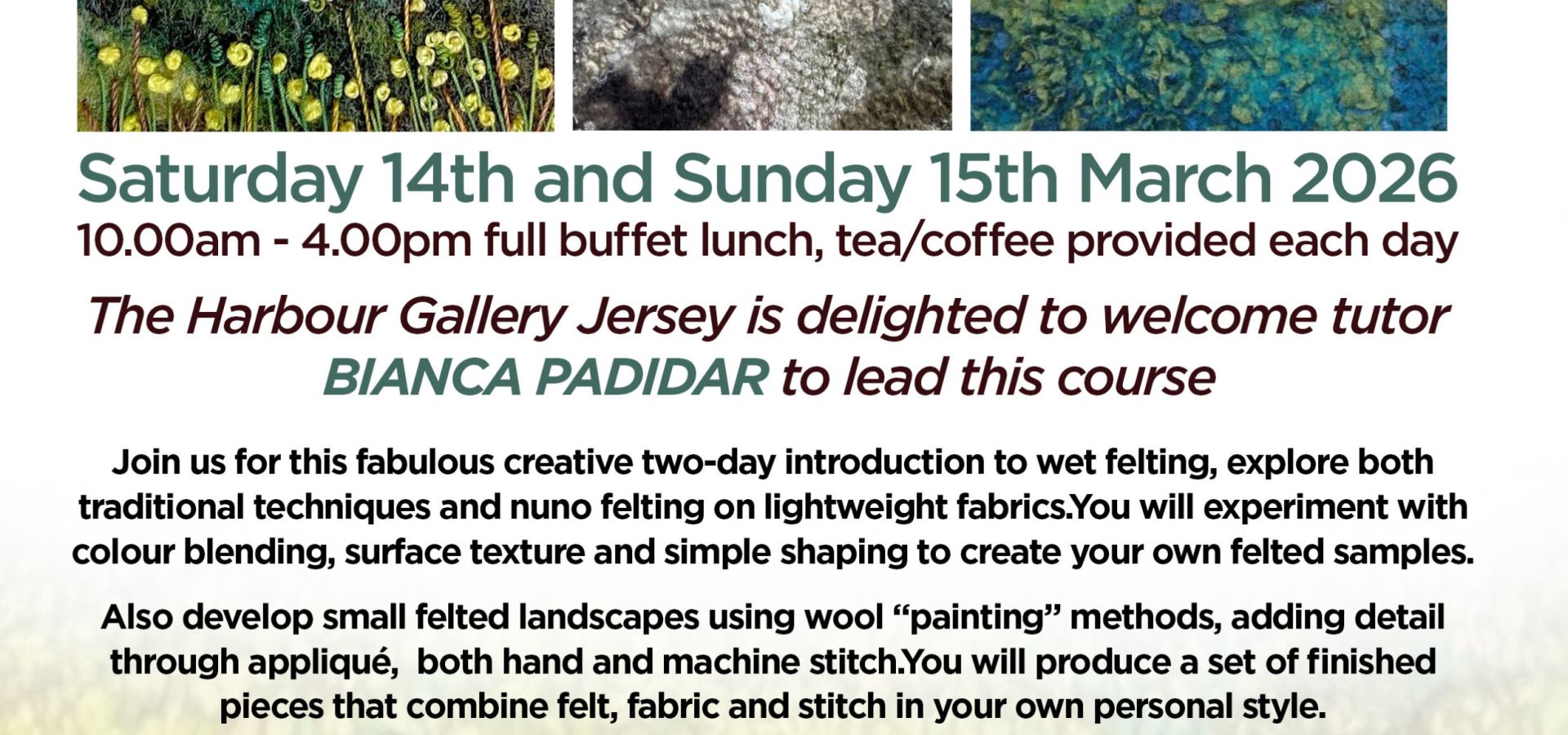Promotional flyer with photographs of felted art and all the details of the workshops