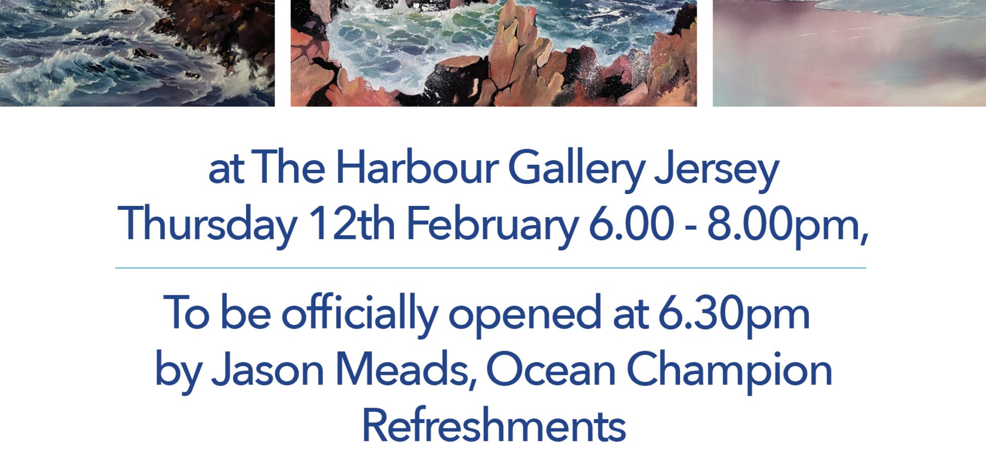 The image shows page 1 of the promotional flyer for the Land and Sea exhibition at the Harbour Gallery providing all the details as the listing