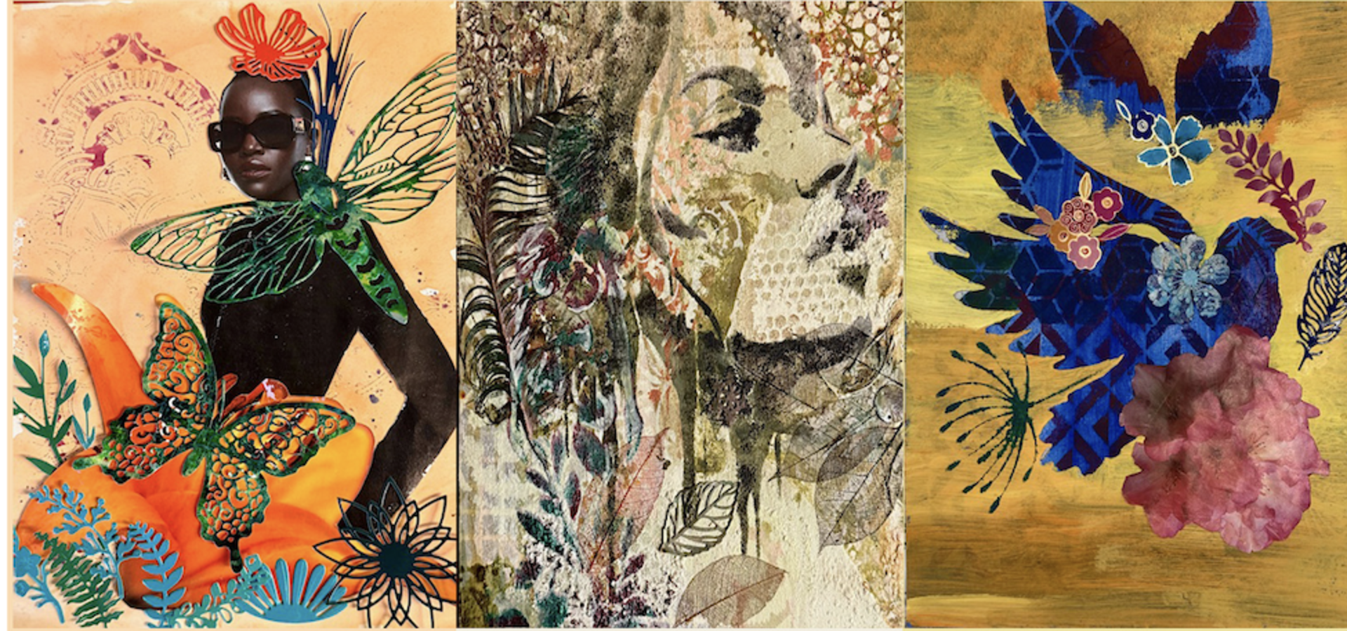 Four colourful art pieces are shown created using different media.