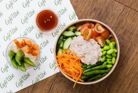A tuna salad with sugar snap peas, beans, carrots and tomatoes