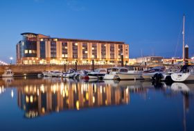 Hotel exterior with marina