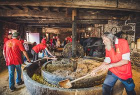 People making apple pulp in a cider barn