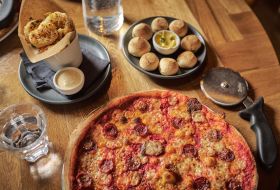 Calamari, American pizza, dough balls