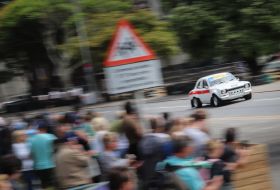 A Mk1 Ford Escort wowing the crowds on the active arena around Victoria Park, Jersey