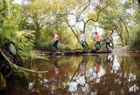 Family hoping over stepping stones in a stream at St. Catherine