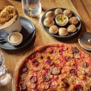 Calamari, American pizza, dough balls