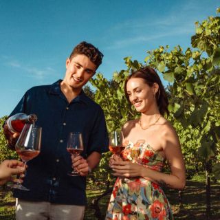 Field to Glass drinking sustainable wine by the vines at La Mare Wine Estate
