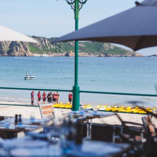 Al fresco seating outside The Oyster Box with St. Brelade