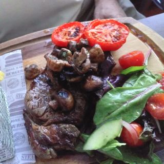 Steak, chips and salad