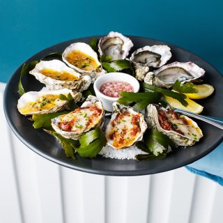 Plate with rock salt and seaweed, showing several different oyster variations