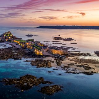 Aerial image of Elizabeth Castle based at sea in St. Aubin