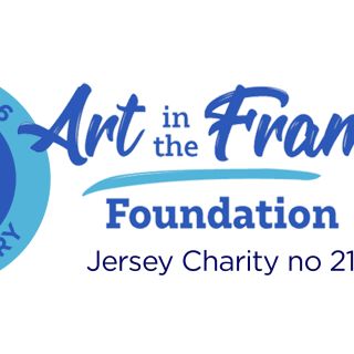 This is a blue round logo to celebrate the 25th anniversary of Art in the Frame Foundation, which is the charity underpinning the Harbour Gallery Jersey