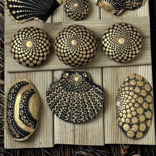 Black and Gold selection of hand painted pebbles and shells
