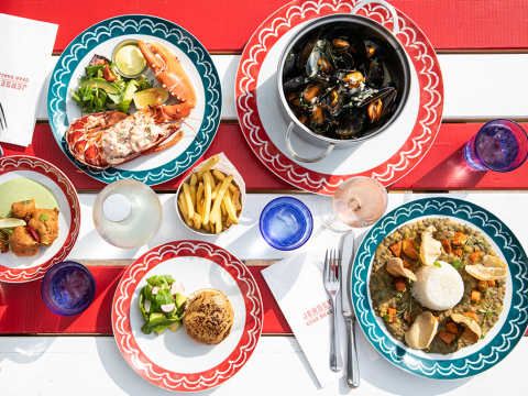 Outdoor table, filled with food
