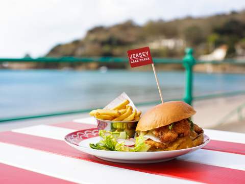 Chicken katsu burger beside St Brelade's Bay