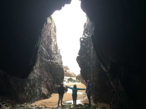 Exploring the caves at Plemont