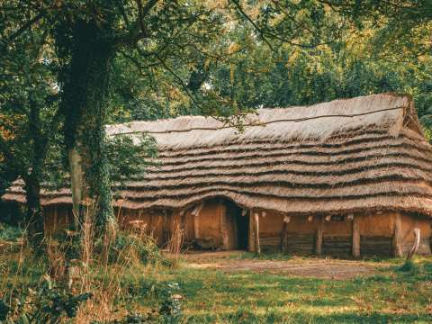 The replica neolithic longhouse at La Hougue Bie