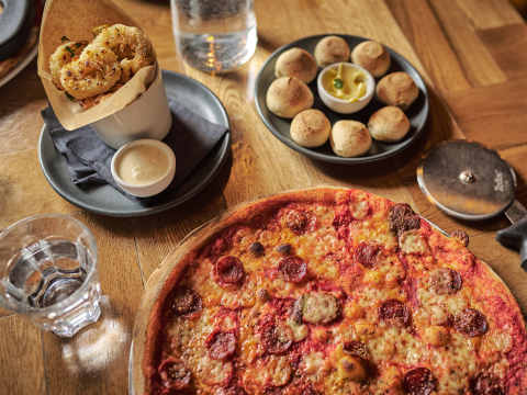 Calamari, American pizza, dough balls