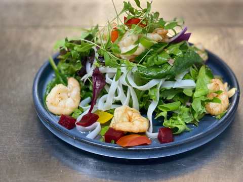 chefs thai salad with tiger prawns