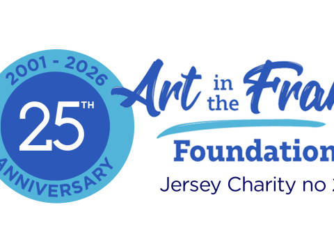 The image shows the logo celebrating 25 years of the Art in the Frame Foundation, created in 2001, Jersey charity number 21