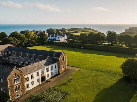 drone footage of the building and area