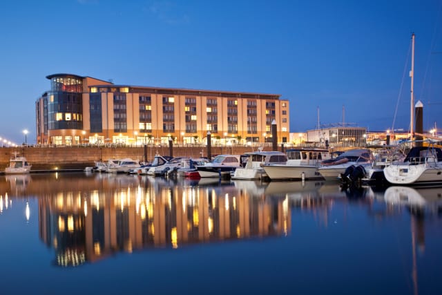 Hotel exterior with marina