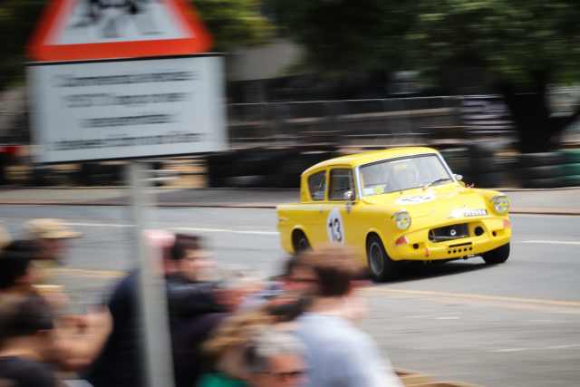 Ford Anglia racecar demonstrating in front of the fans