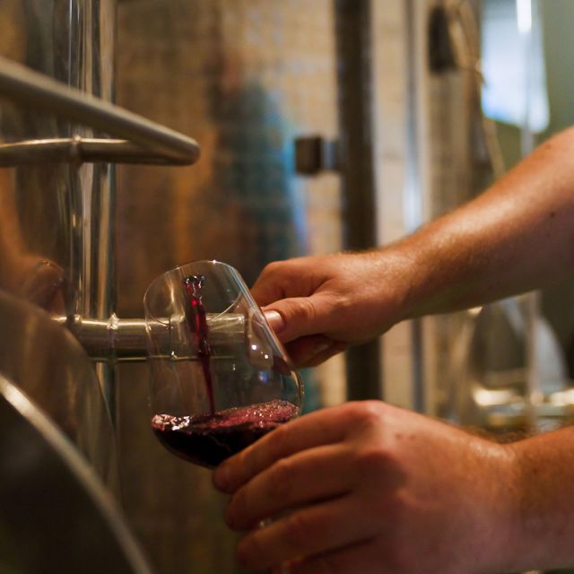 Pouring a glass of red wine from the barrel at La Mare Wine Estate