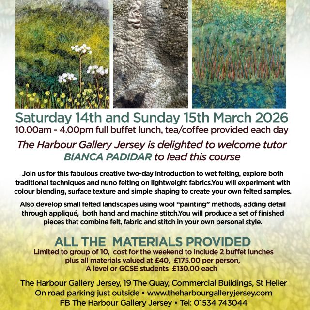 Promotional flyer with photographs of felted art and all the details of the workshops
