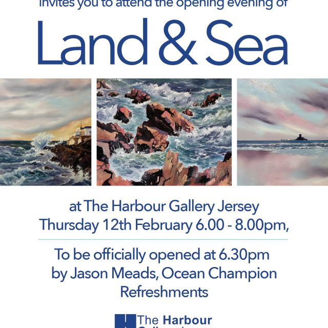 The image shows page 1 of the promotional flyer for the Land and Sea exhibition at the Harbour Gallery providing all the details as the listing
