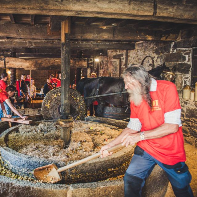 People making apple pulp in a cider barn
