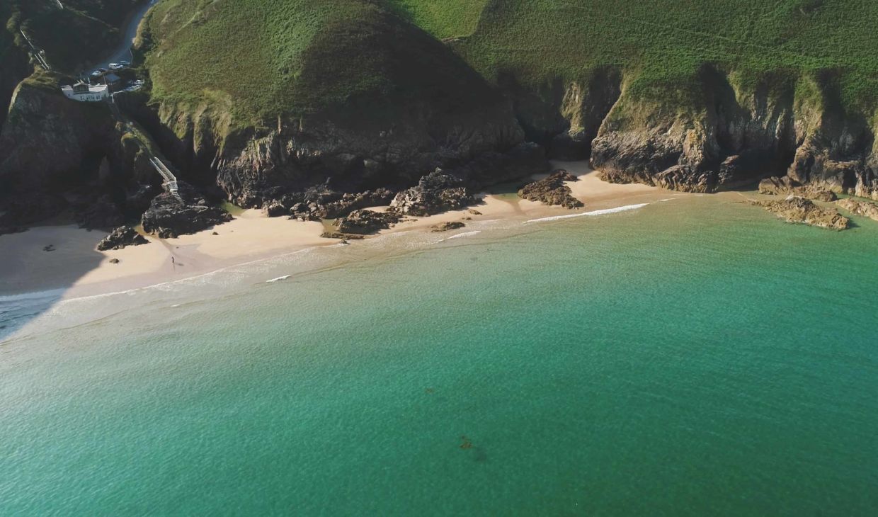 An aerial view of Plemont Bay