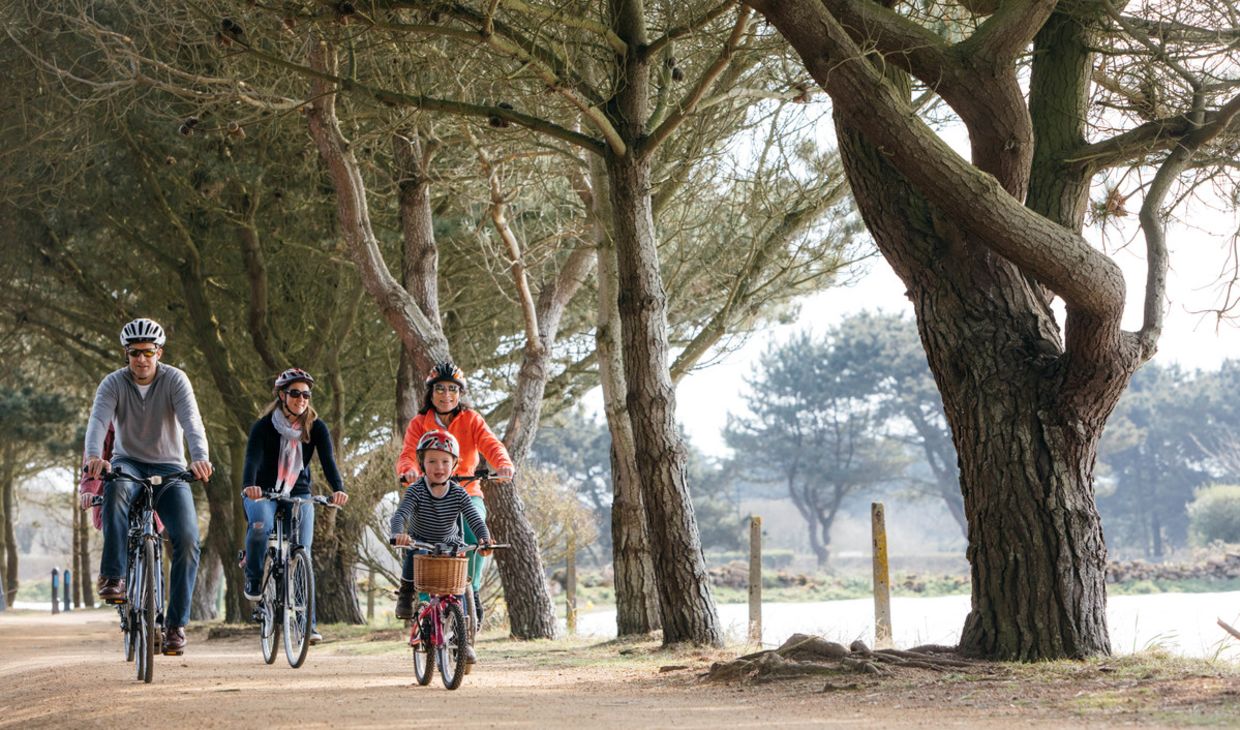 Family cycling up Corbiere cycle track