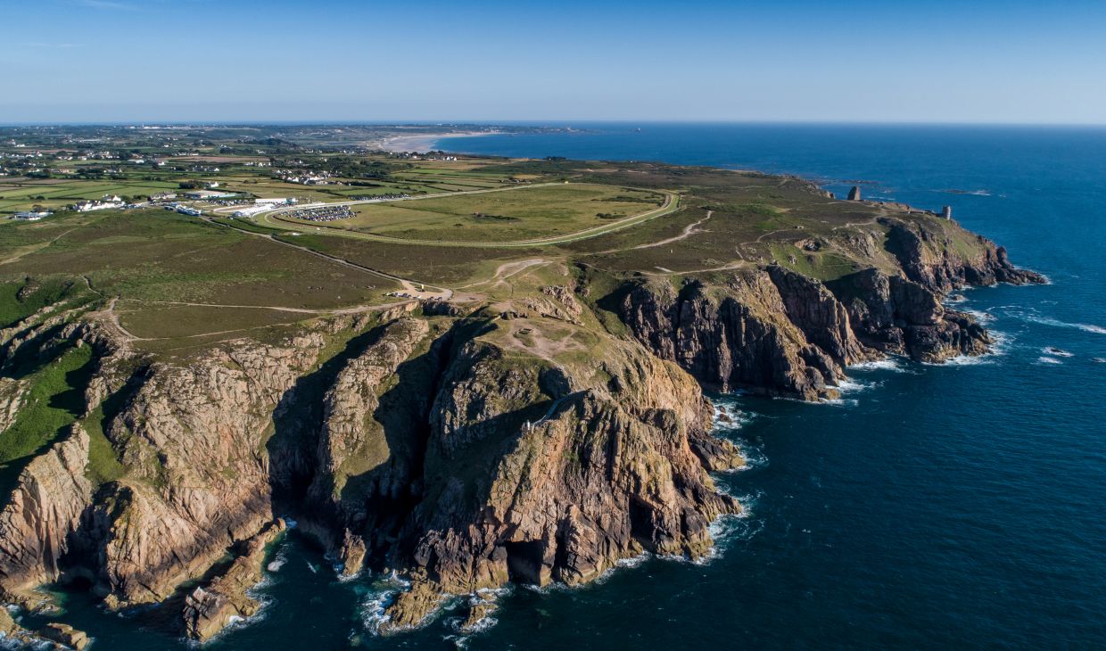 An aerial photo of Les Landes racecourse and Grosnez headland