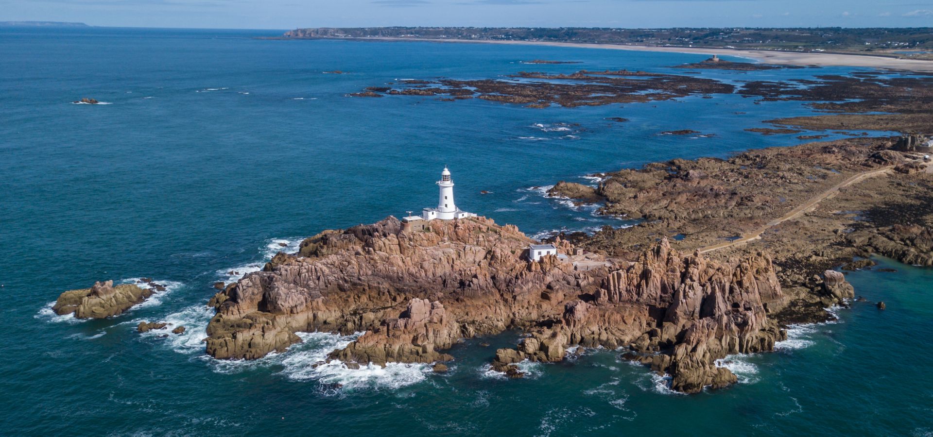 Aerial shot of La Corbiere Lighthouse, Jersey