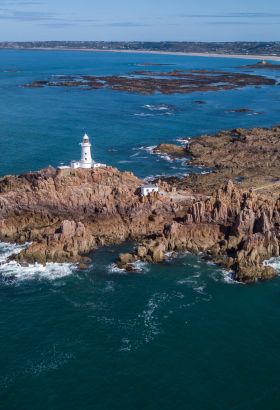 Aerial shot of La Corbiere Lighthouse, Jersey