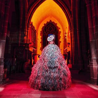 Model walking in a church