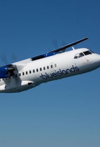 A Blue Islands Plane in mid-flight.