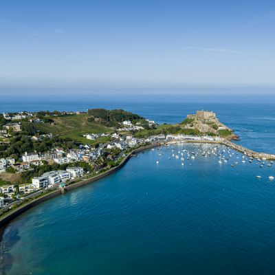 Aerial shot of Mont Orgueil castle in Jersey