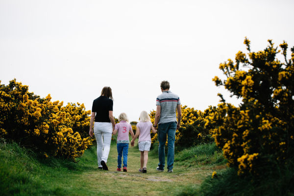 A family walking on a path next to gorse plants
