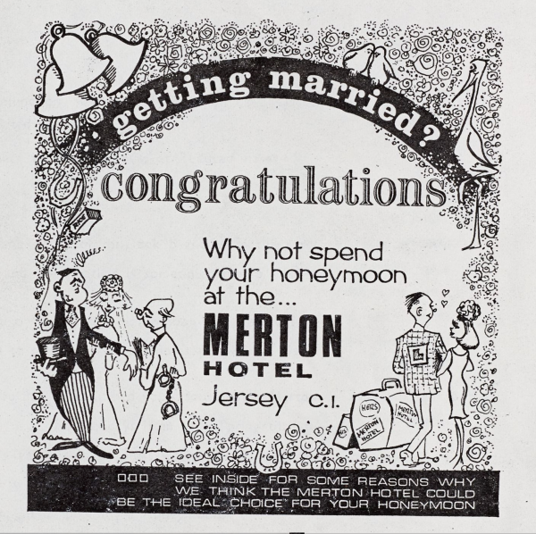 Historic advert for the merton hotel in Jersey, encouraging newlyweds to spend their honeymoon in Jersey