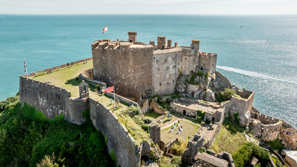 Aerial shot of a historic castle, Mont Orgueil, in Jersey