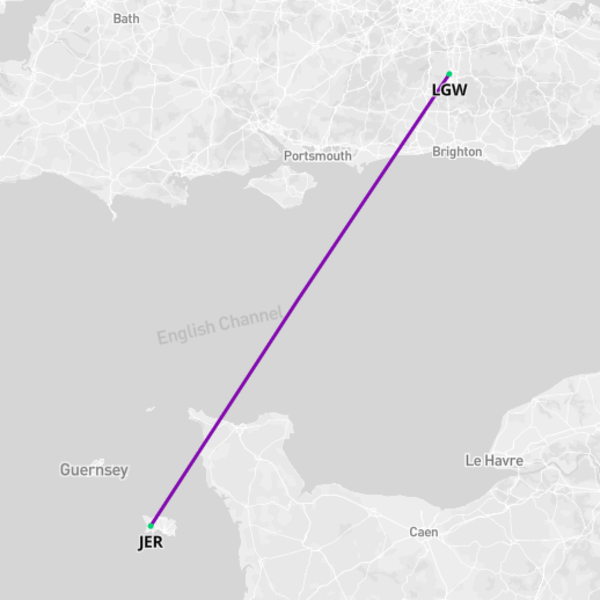 LGW-JER - London Gatwick to Jersey Flight Path Map