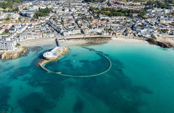Aerial image of a tidal bathing pool, Havre des Pas, in Jersey Channel Islands