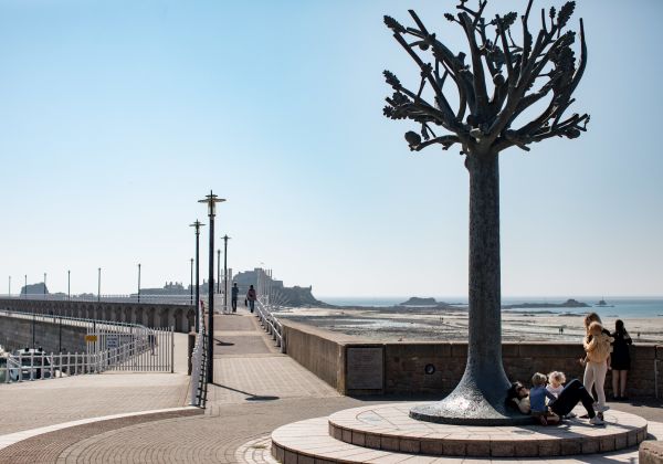 The Freedom Tree sculpture next to the harbour in St. Helier Jersey with Elizabeth Castle in the background.