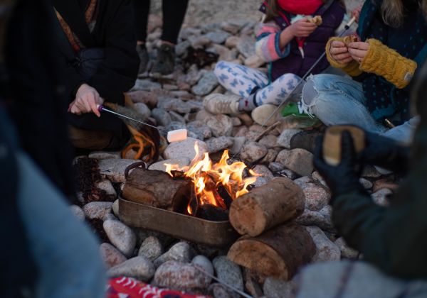 People around a fire roasting marshmallows