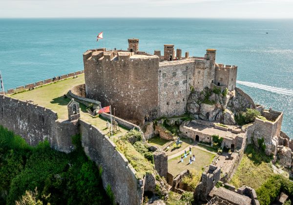 Aerial shot of a historic castle, Mont Orgueil, in Jersey